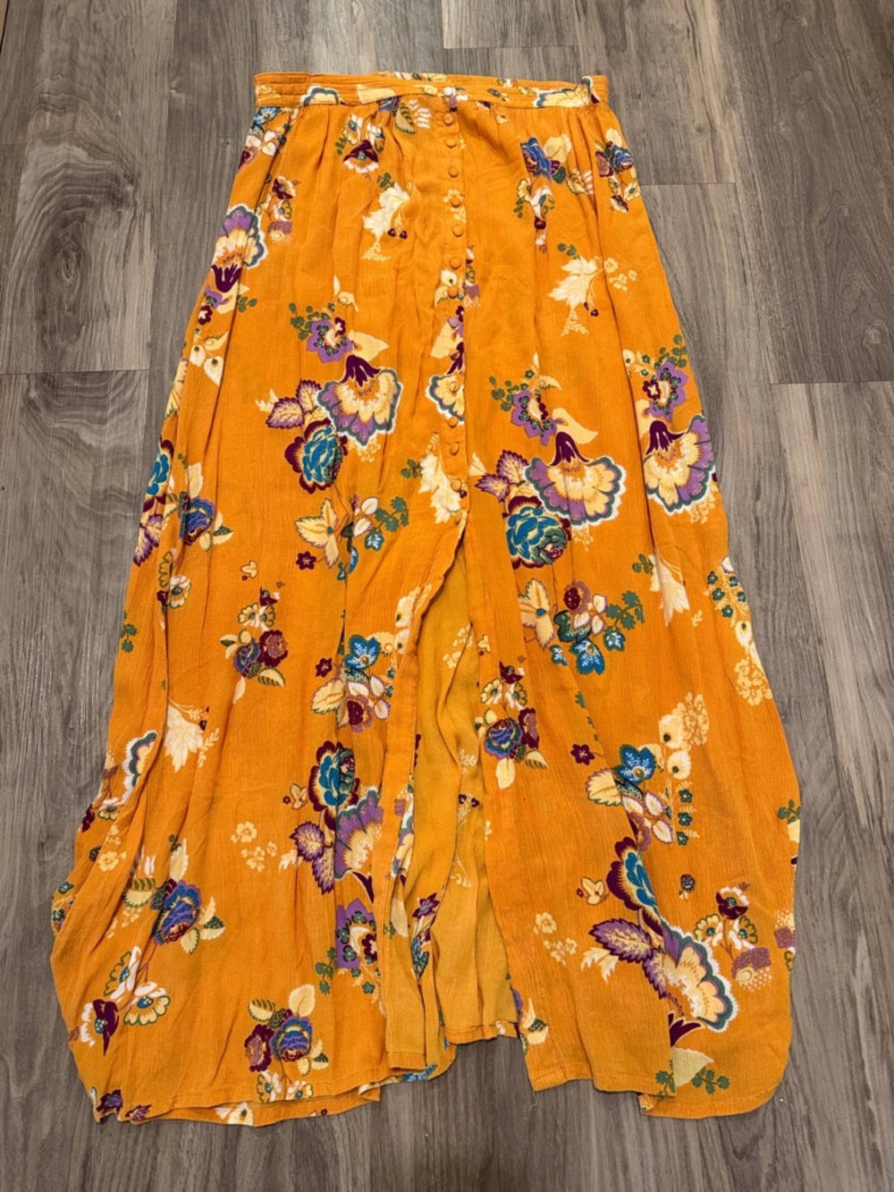 🌼 Patrons of Peace Mustard Floral Button Front Skirt – Boho Slit Midi